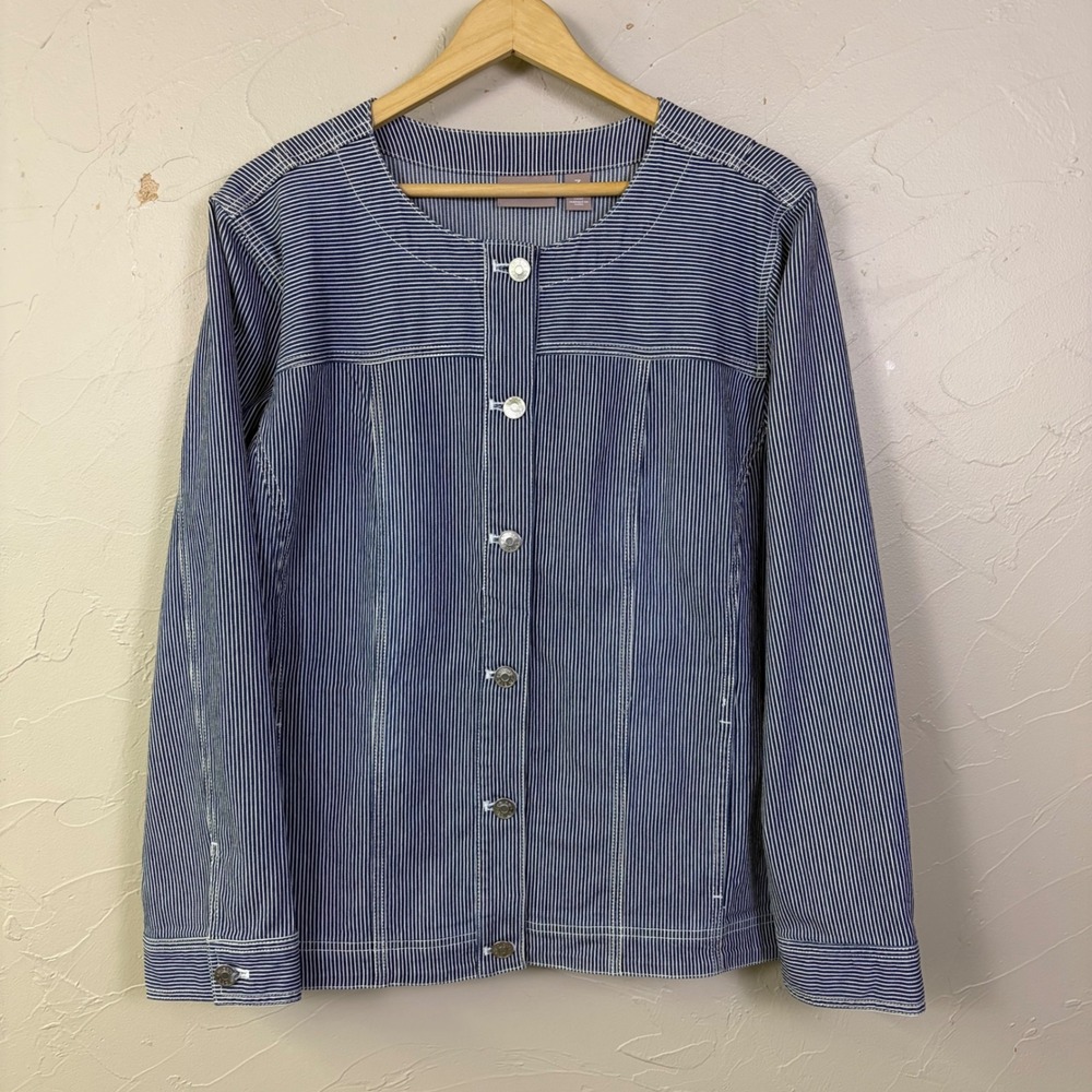 Chicos Hickory Stripe Denim Jacket Womens 3 XL Blue White Workwear Utility Chore